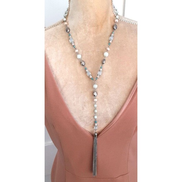 Silver tone 24" Y-drop necklace hints blue 5" shimmery tassel - Picture 1 of 5